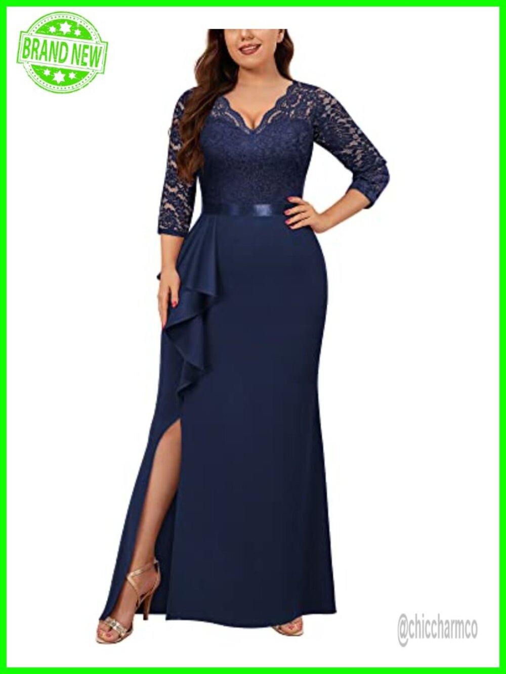 Plus Size V-Neck Ruffle Floral Lace Maxi Dress Formal Evening Party